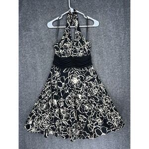 Y2K  En Focus Studio Petite Halter Dress 8P Black Cream Floral Rockalbilly